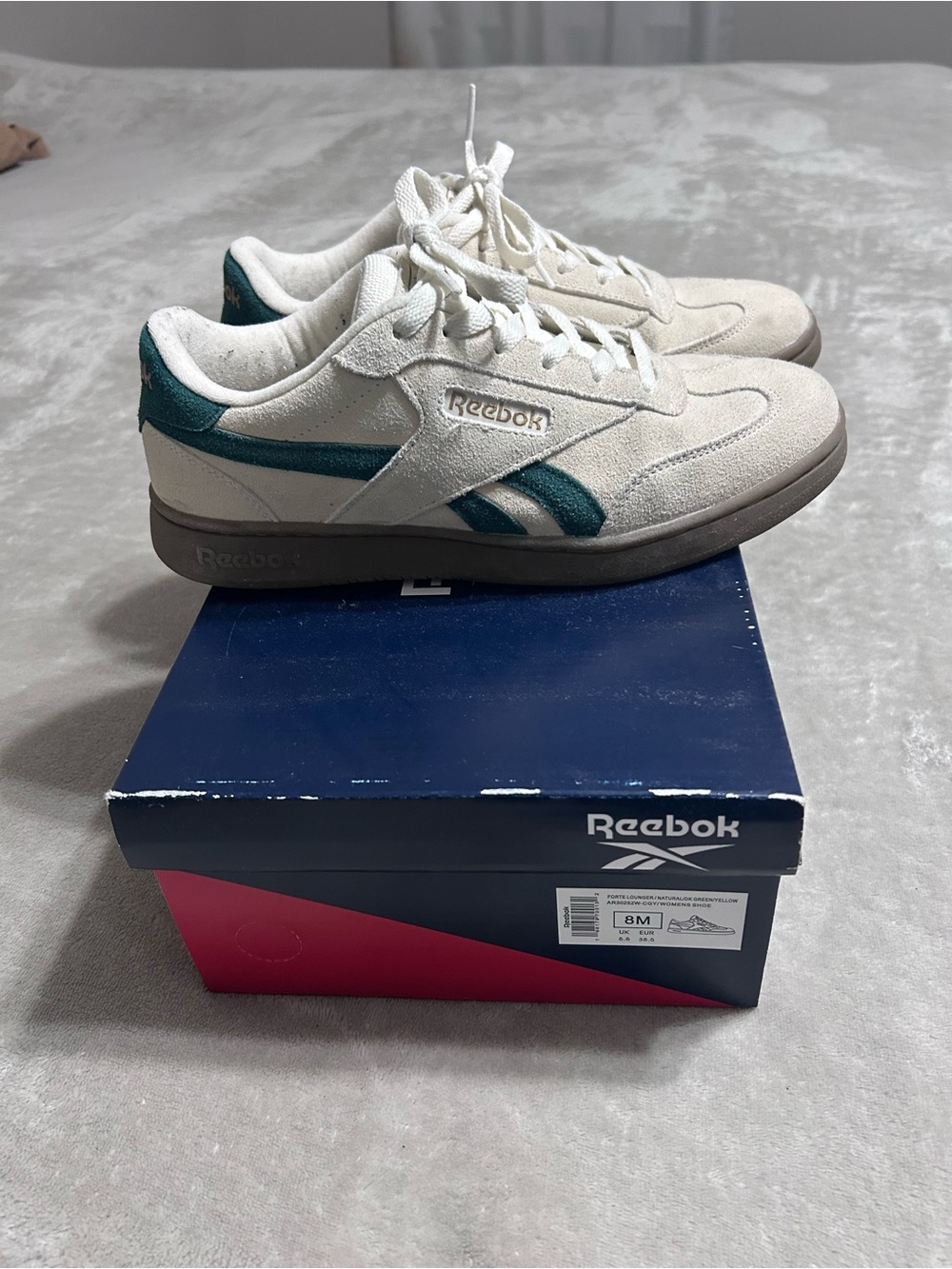 Reebok Off-White and Teal Suede Sneakers